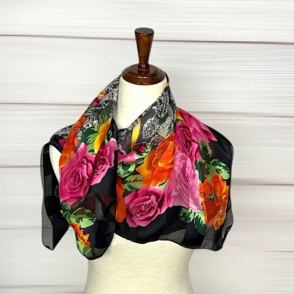 Vintage Nina Ricci Silk Scarf Black with Roses Floral and Lace Print 34x34